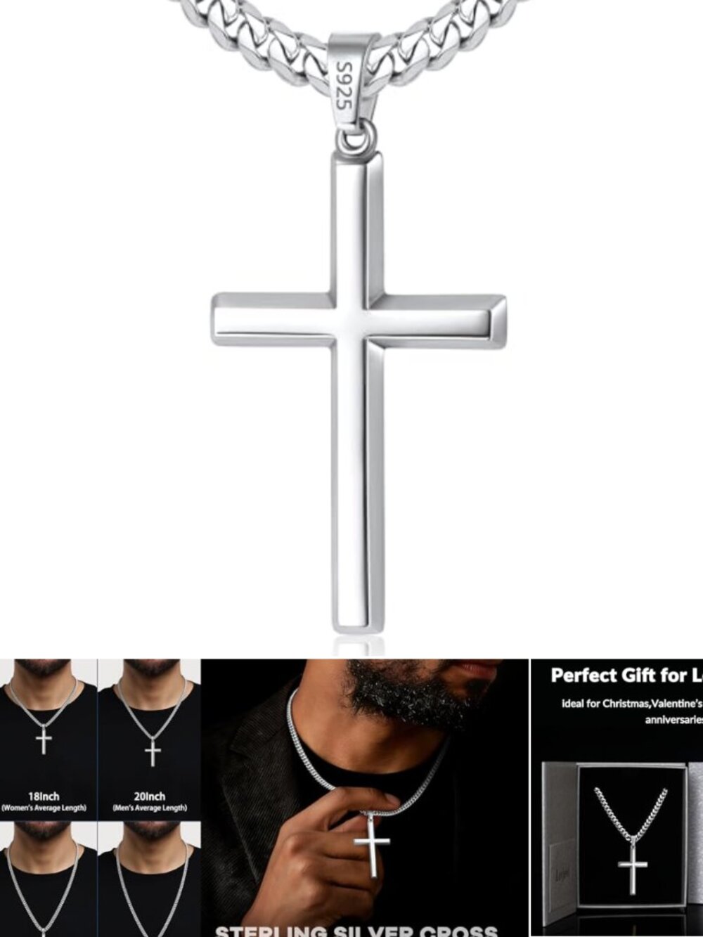 925 Sterling Silver Cross Necklace Men Cuban Link Chain 18K Gold Plated